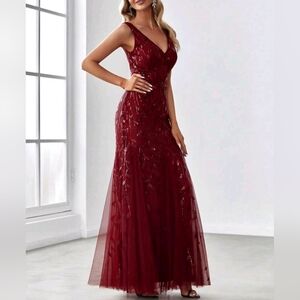 New Glam Floral Leaf Sequin Mesh Maxi Mermaid Gown Dress Burgundy Red